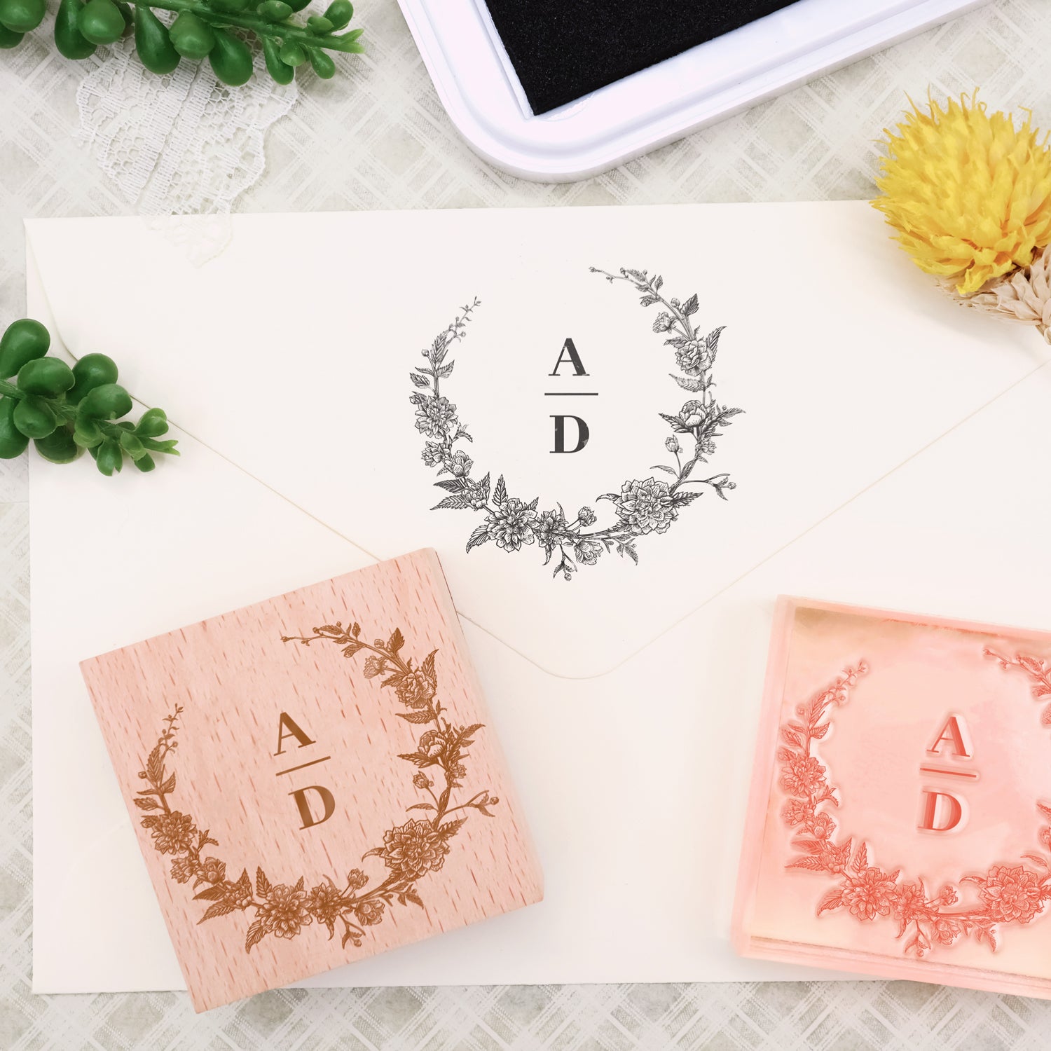 Custom Botanical Wedding Monogram Rubber Stamp (18 Designs)