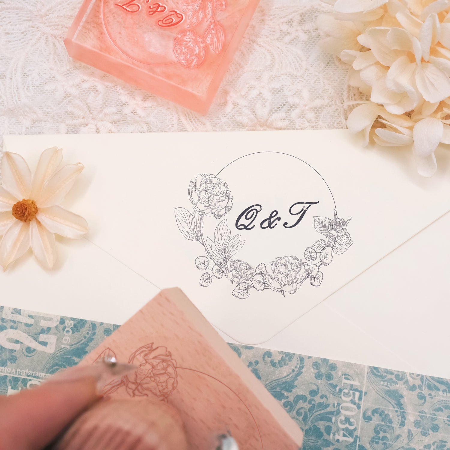 Personalisierter Botanischer Hochzeits-Monogramm Gummistempel -SKU16 2