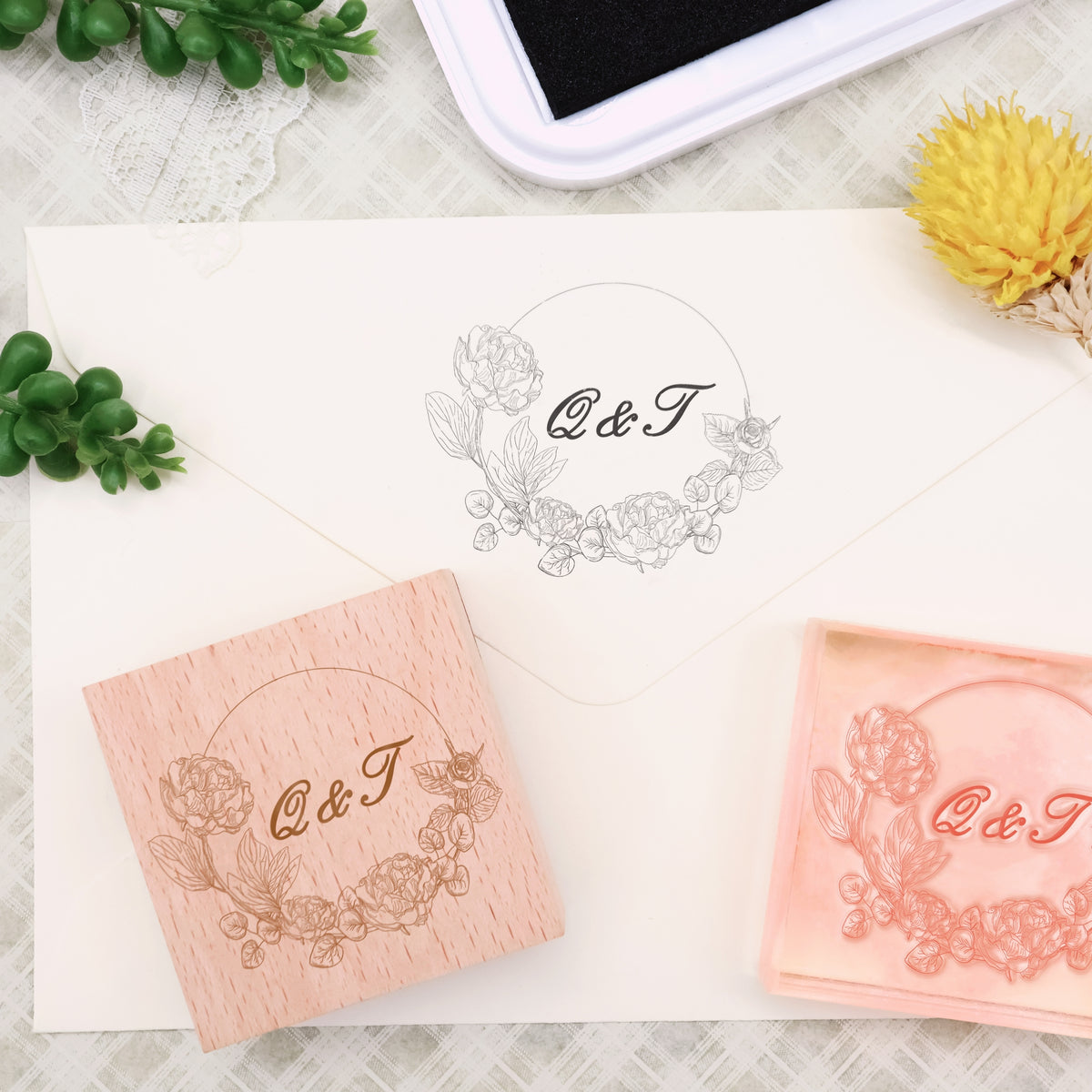Personalisierter Botanischer Hochzeits-Monogramm Gummistempel -SKU16 4