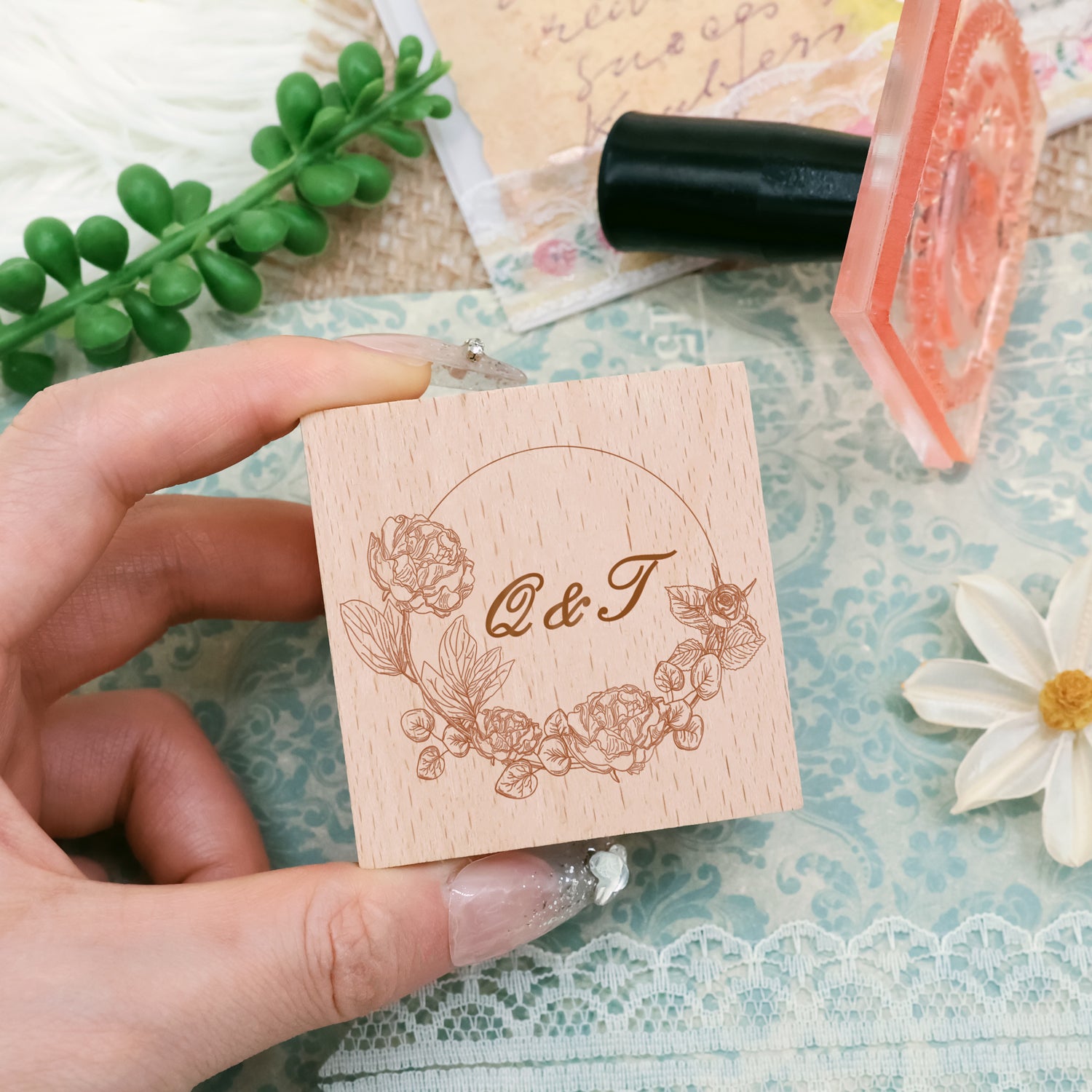 Personalisierter Botanischer Hochzeits-Monogramm Gummistempel -SKU16 1