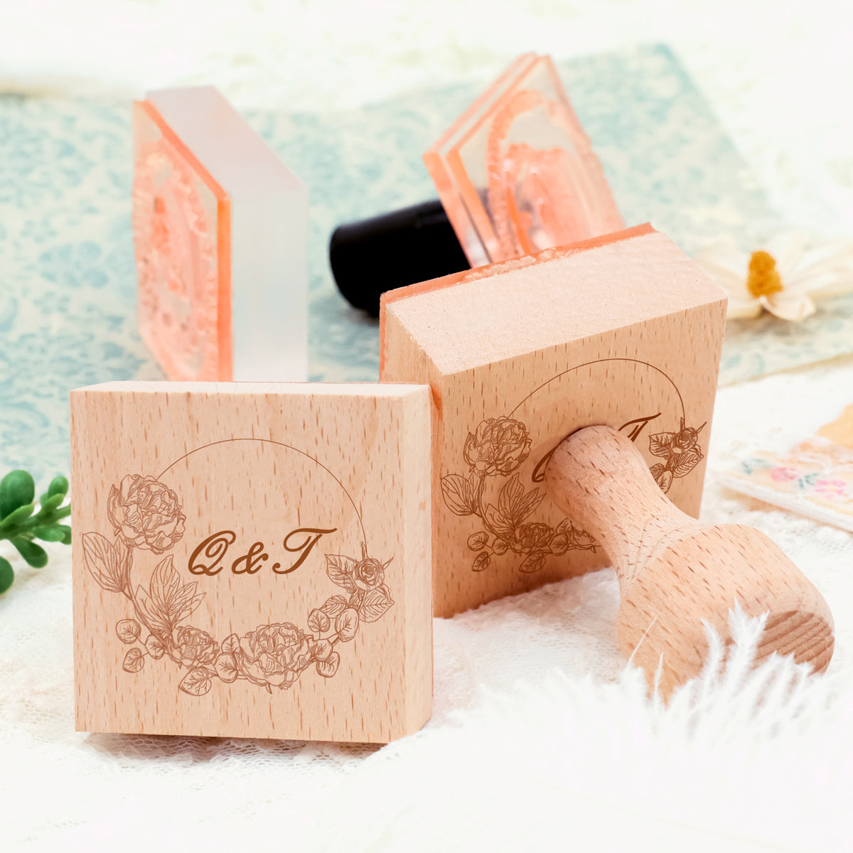 Personalisierter Botanischer Hochzeits-Monogramm Gummistempel -SKU16 3