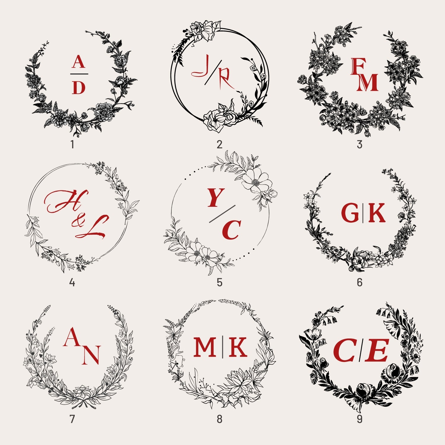 Personalisierter Botanischer Hochzeits-Monogramm Stempel aus Gummi (18 Designs) sku1