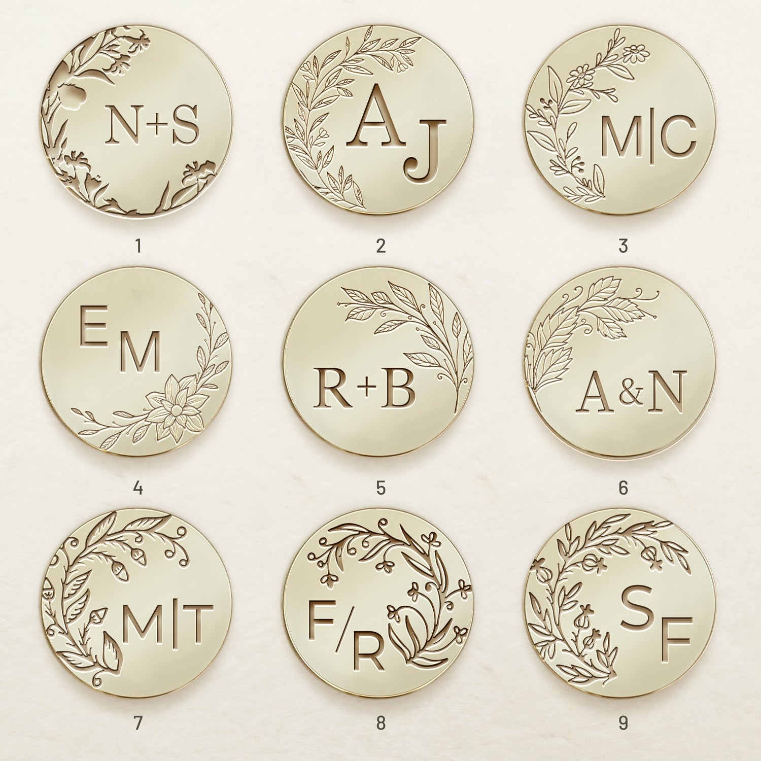 Custom Borderless Botanical Wedding Monogram Wax Seal Stamp (27 Designs)-sku1