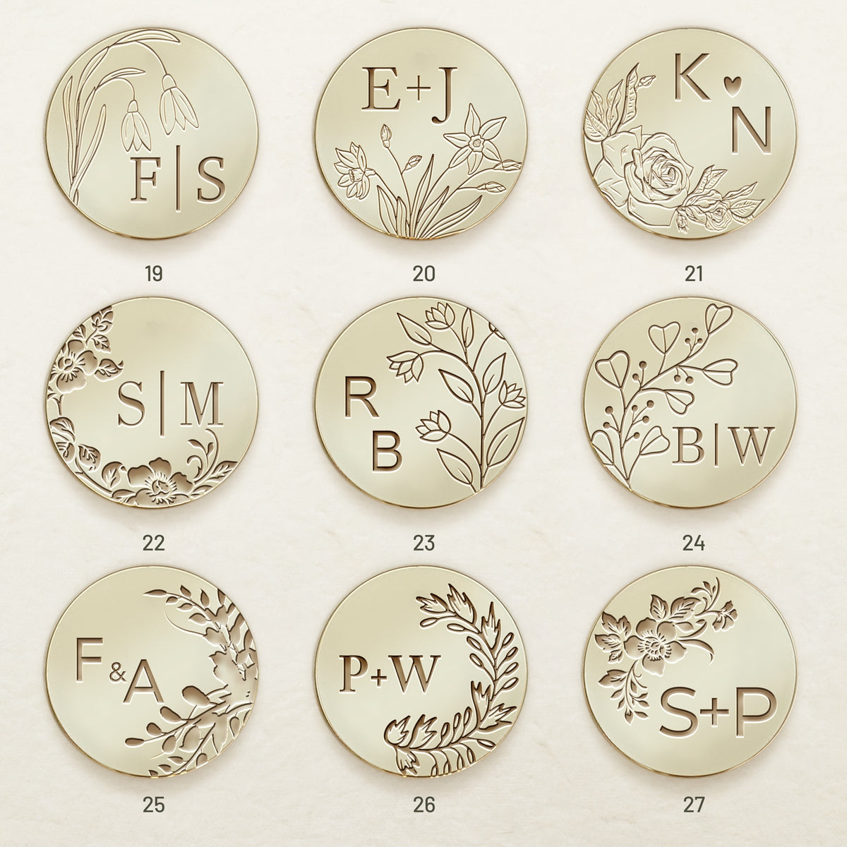 Custom Borderless Botanical Wedding Monogram Wax Seal Stamp (27 Designs)-sku3