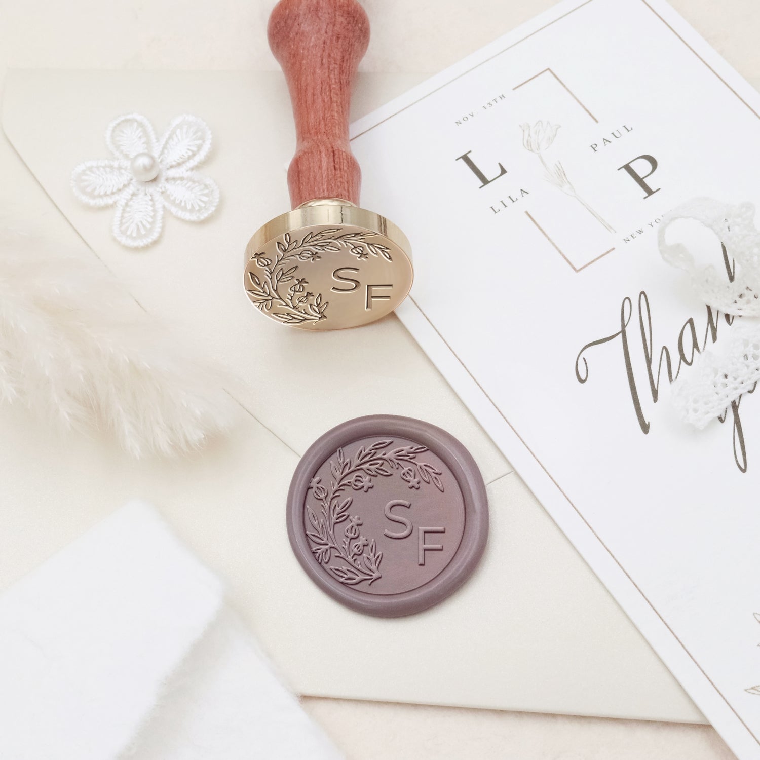 Personalisierter rahmenloser botanischer Hochzeits-Monogramm Siegelwachs Siegelstempel - Stil 9 3
