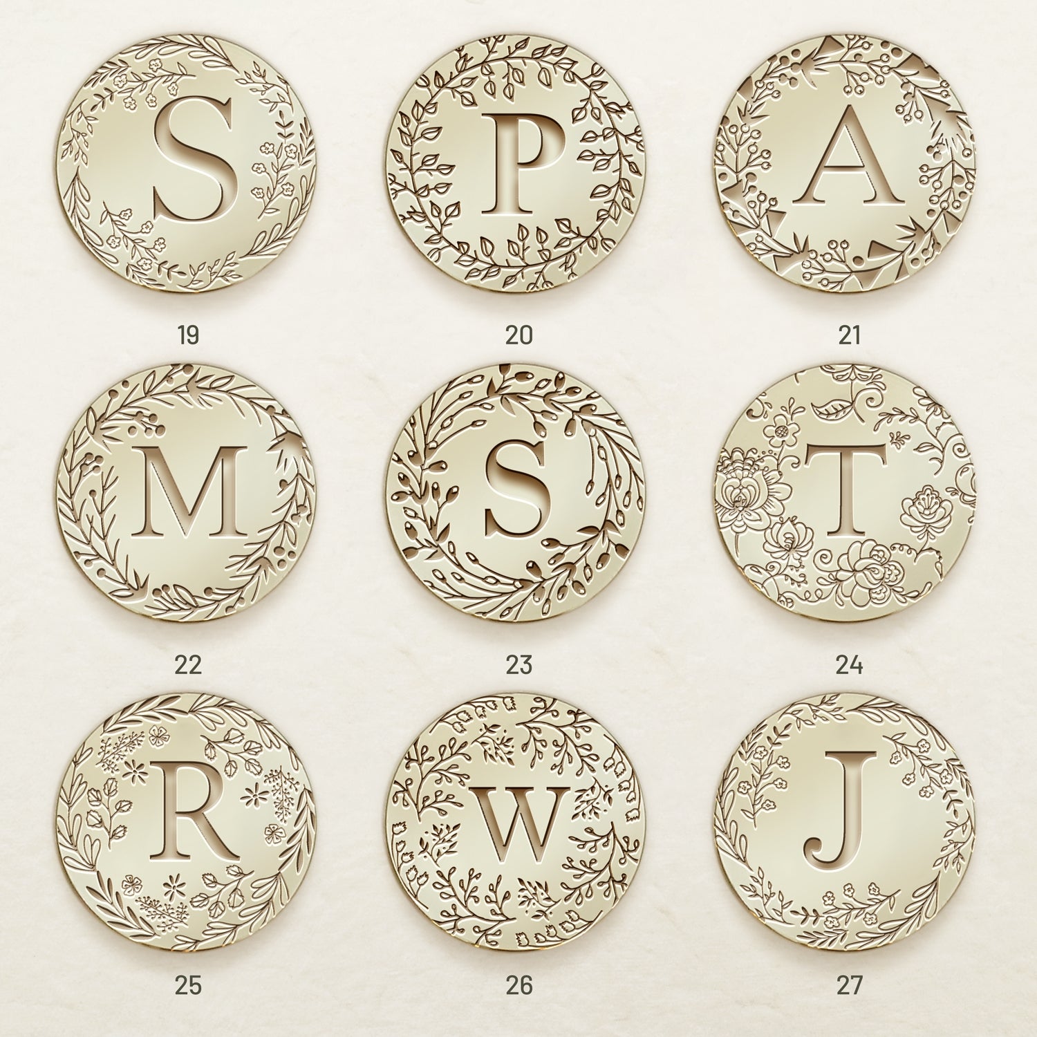 Tampon encreur de sceau de cire à initiale unique avec bordure botanique personnalisée (27 designs)sku3