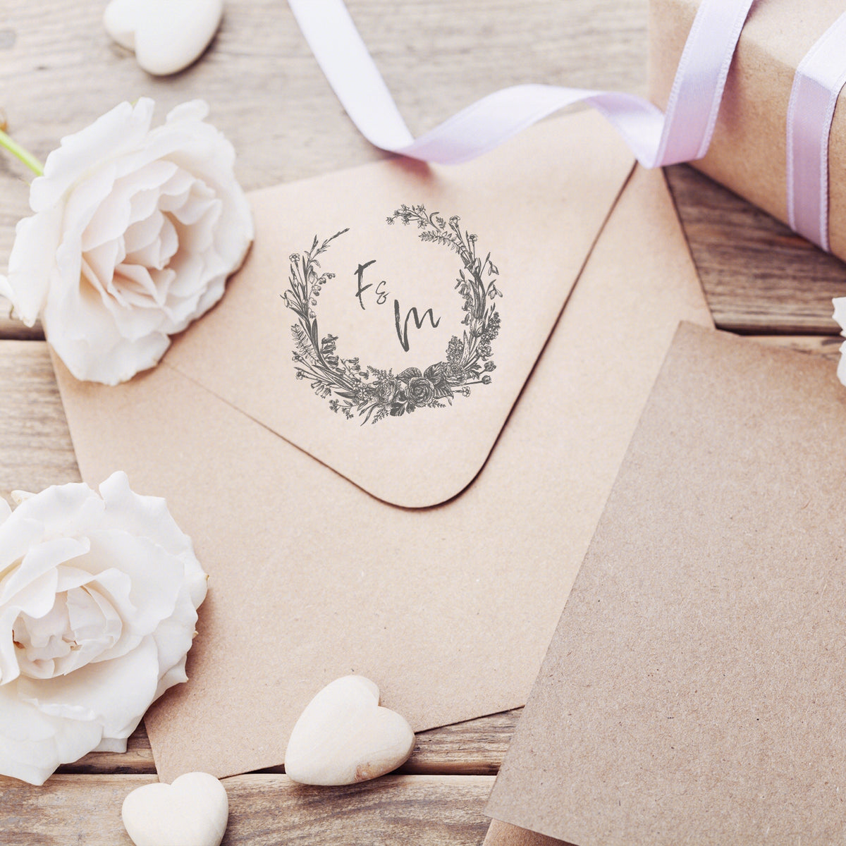 Tampon en Caoutchouc Monogramme de Mariage Botanique Personnalisé - Style 11 wd3