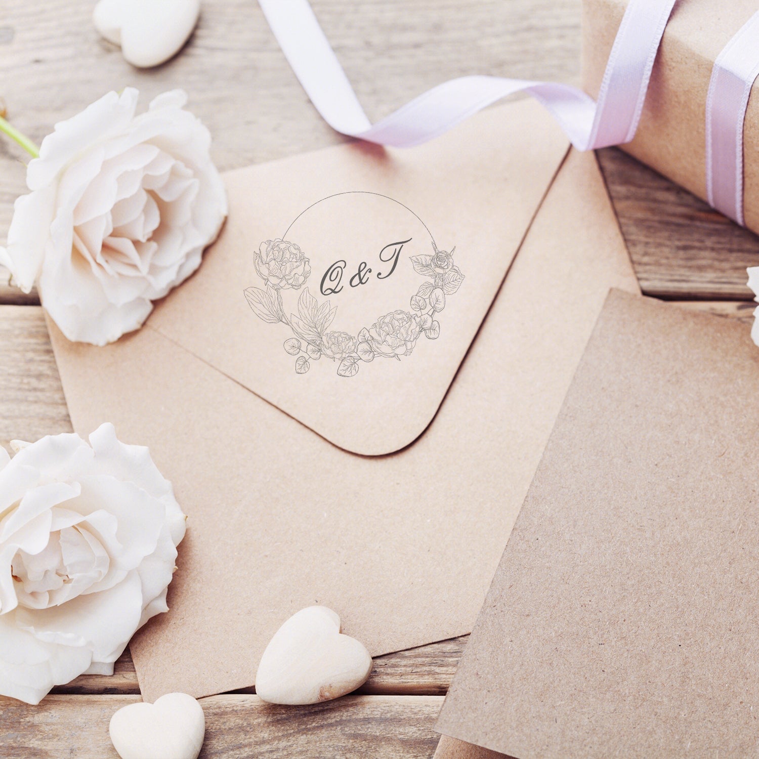 Personalisierter Botanischer Hochzeits-Monogramm Gummistempel - Stil 16 wd3