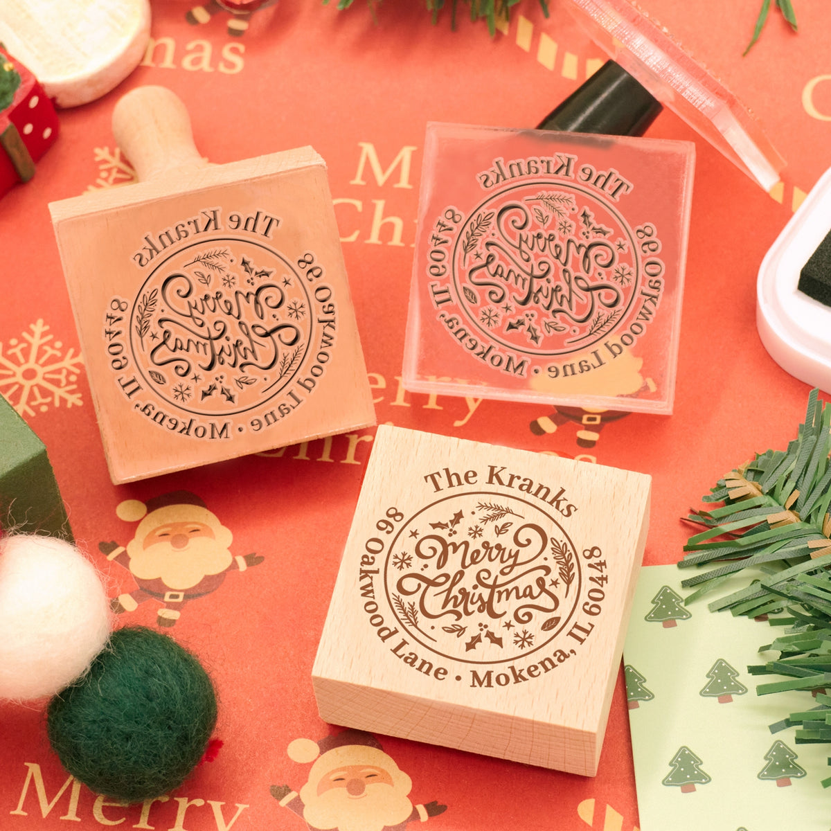 Personalisierter Frohe Weihnachten Text Adresse Gummistempel1