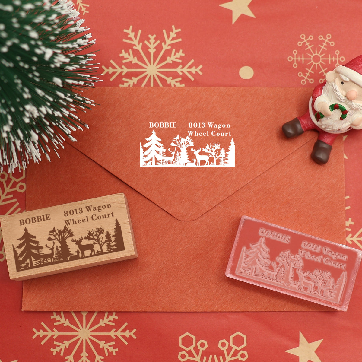 Benutzerdefinierter Weihnachtswald und Rentier Rechteckiger Gummistempel