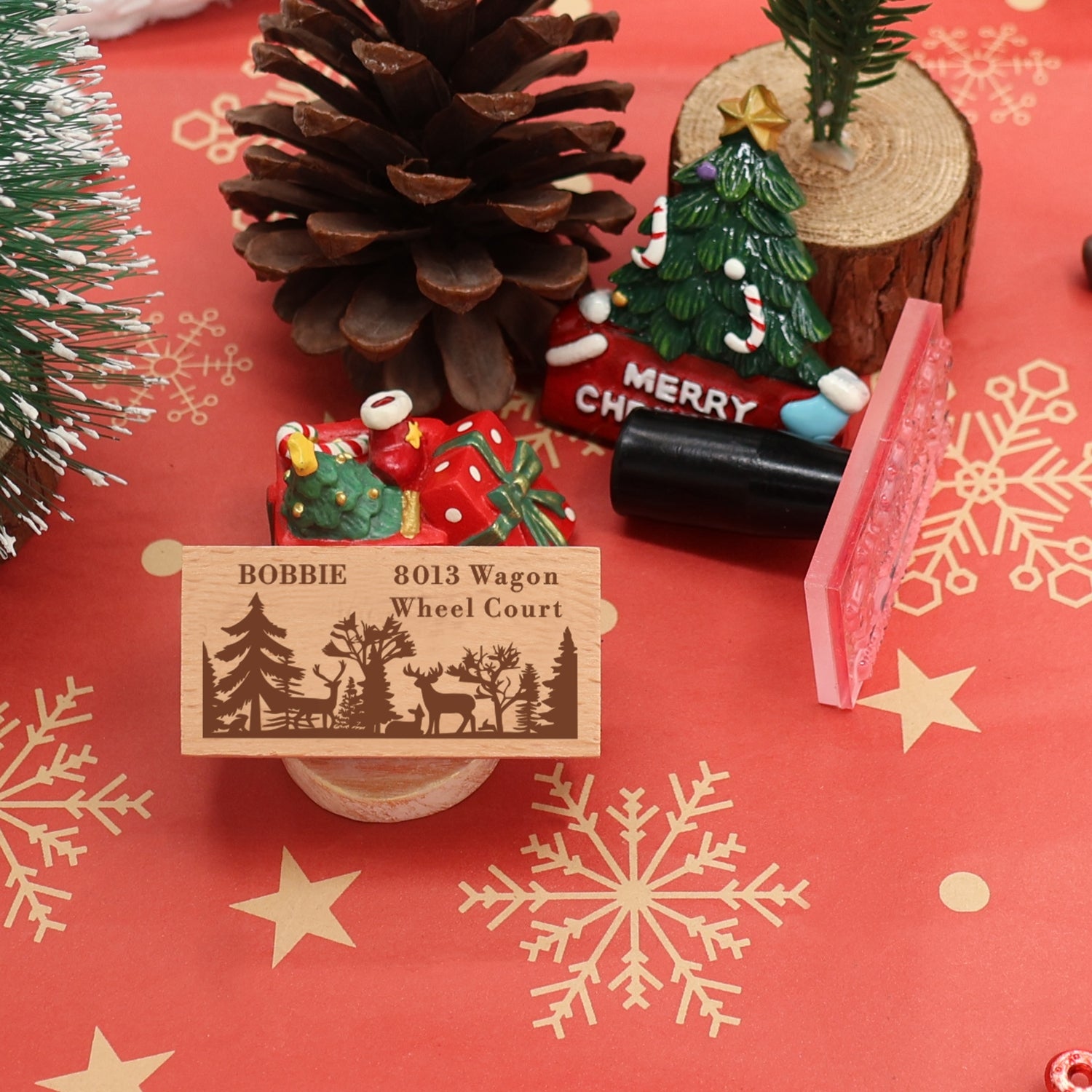 Personalisierter Weihnachtswald und Rentier Rechteckiger Gummistempel1