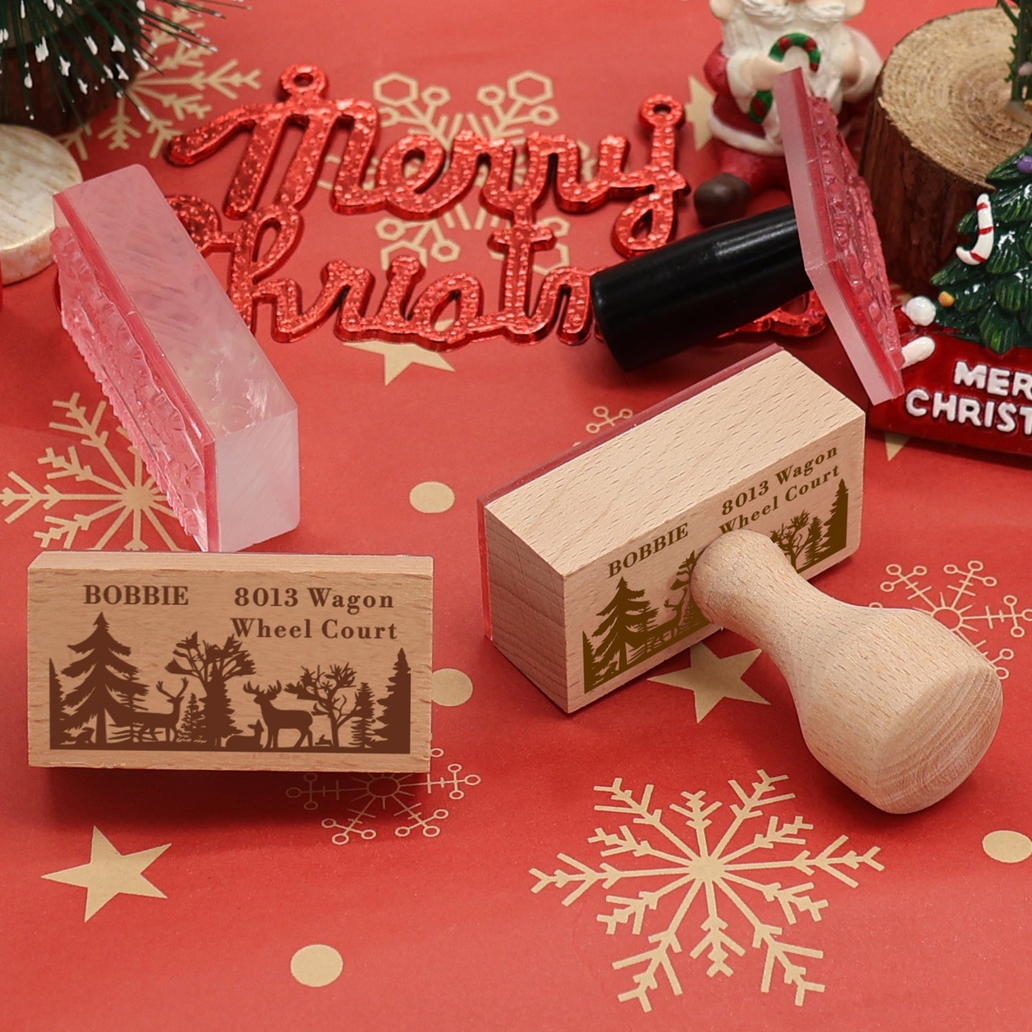 Personalisierter Weihnachtswald und Rentier Rechteckiger Gummistempel3