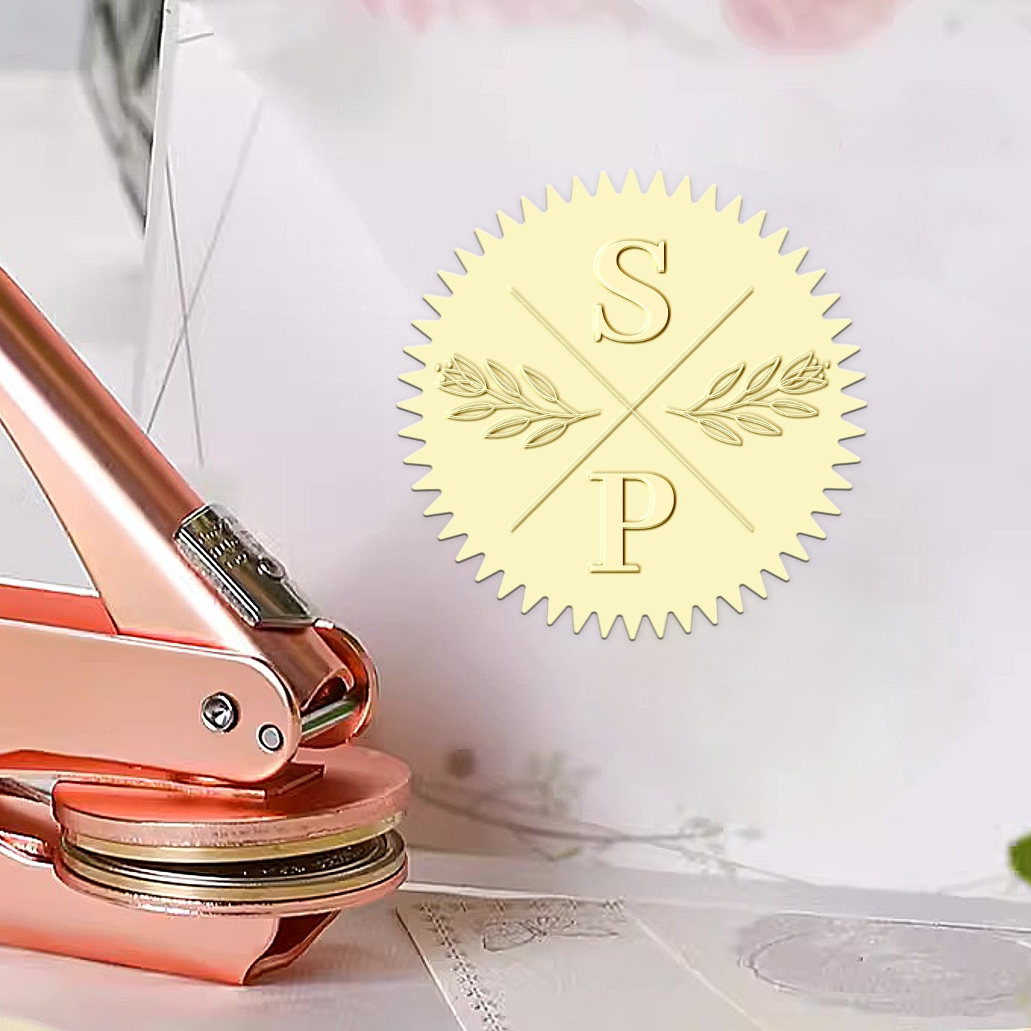 Sello en Seco de Inicial de Monograma de Boda de Tulipán Personalizado 1-141