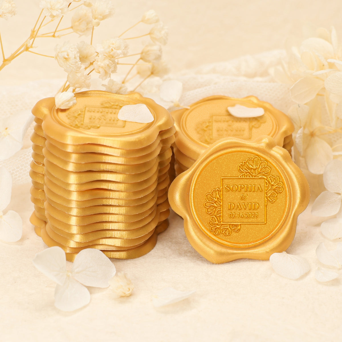 Custom Bloom Rose Wedding Name and Date Wax Seal Stickers 2-7