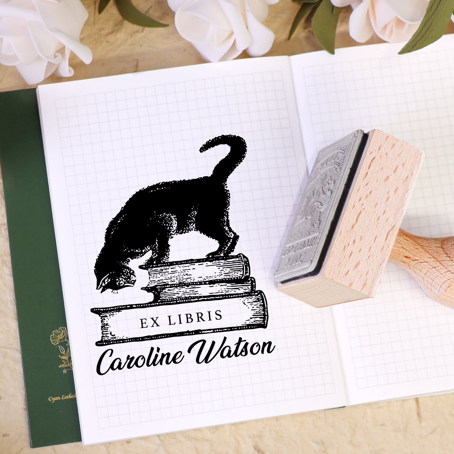Sello de Caucho de Madera Personalizado Ex Libris de Libro con Golondrinas Gemelas Volando