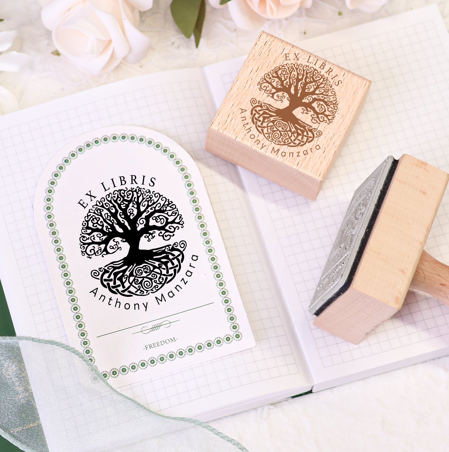 Individueller Zwillings-Schwalbenflug Ex Libris Buch Holz Gummistempel 2