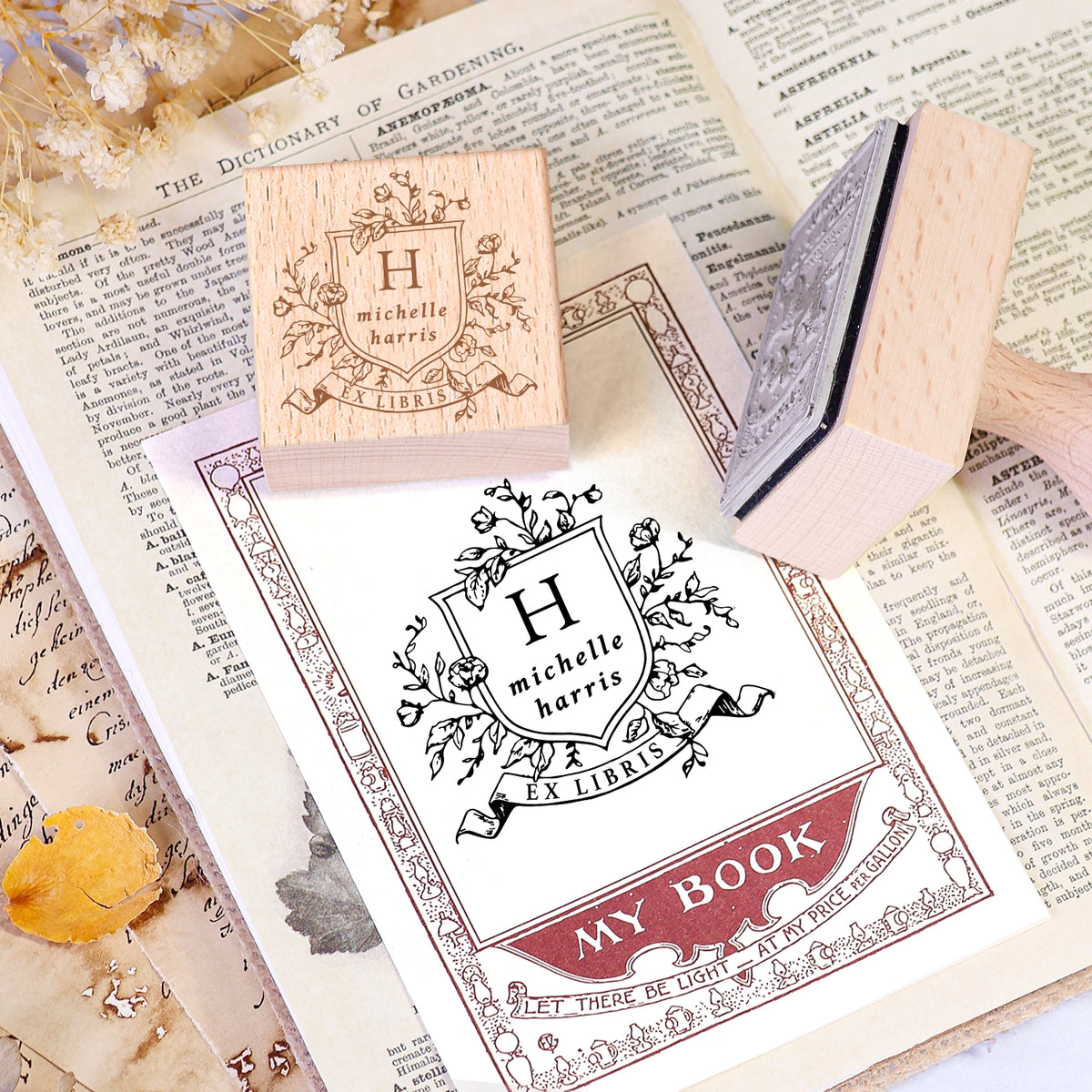 Sello de Caucho de Madera Personalizado Ex Libris de Libro con Doble Golondrina Voladora 2